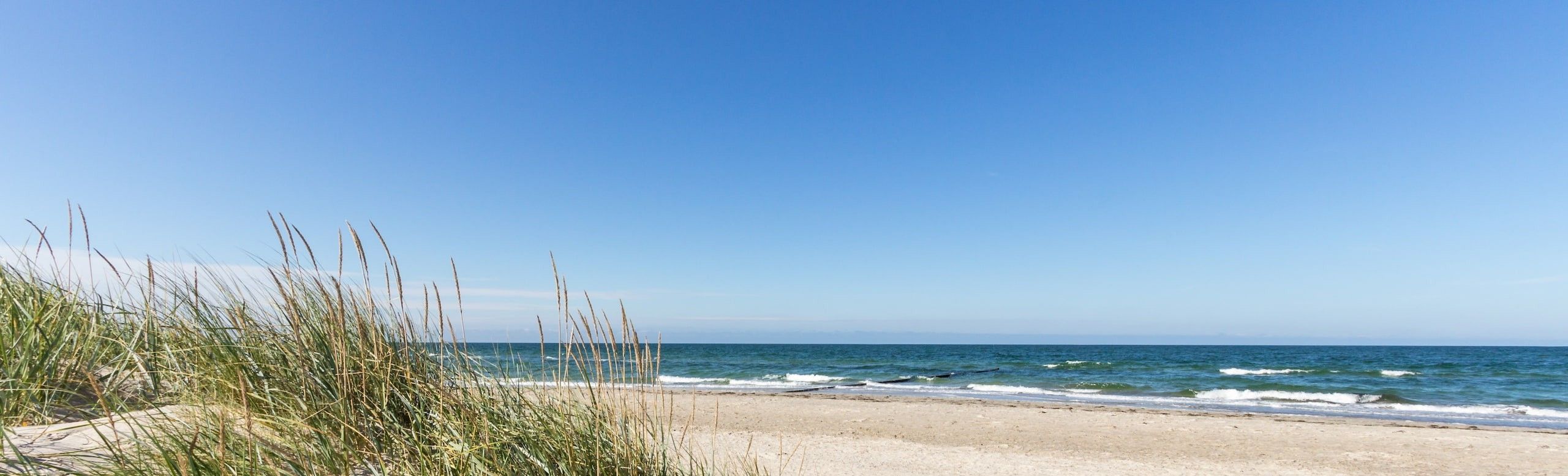 Ein sonniges Strandbild mit Dünenblick auf das Meer.